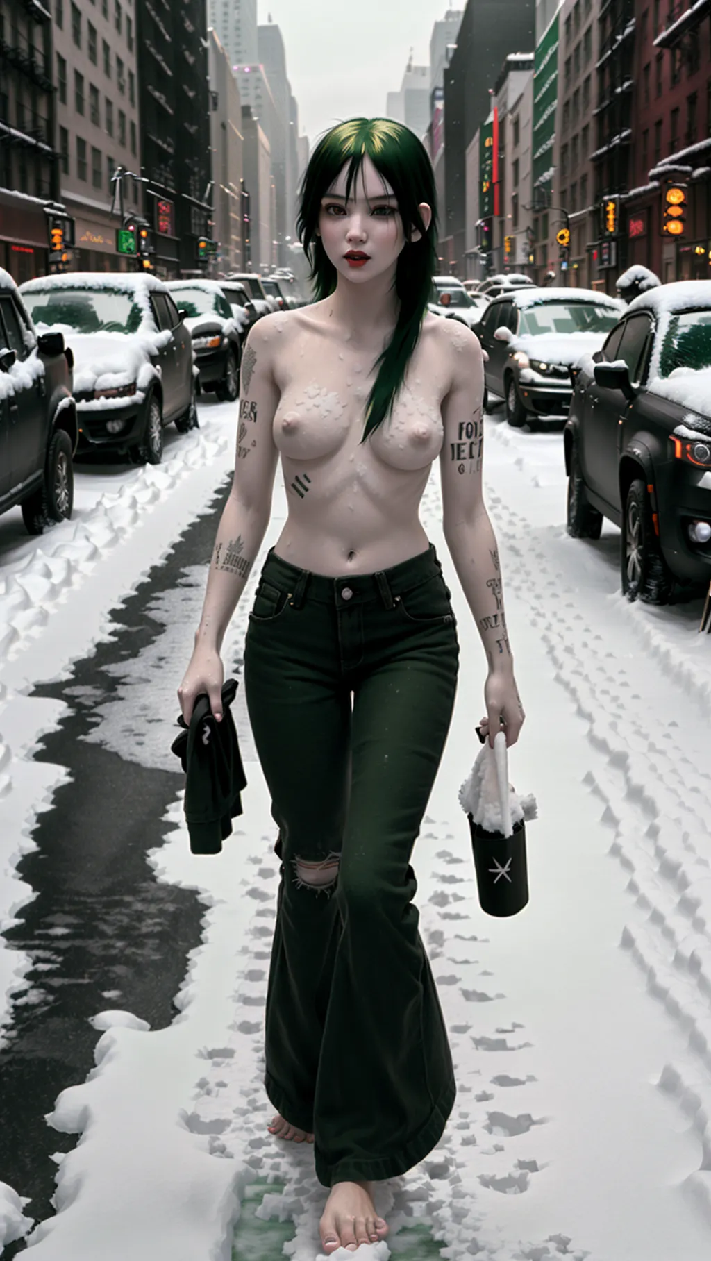 full-body image, ultrarealistic image, hot young short fit slender topless barefoot punk girl wearing long black bell bottoms while holding a cell phone and walking on the sidewalk in New York City, barefoot, toes, (sexy bare feet: 1.2), (girl barefoot in snow: 1.2), (topless girl: 1.2), (snow covered ground: 1.2), (ice nipples: 1.2), (white-skinned punk girl: 1.2), (long black green hair: 1.2), (angular face: 1.2),