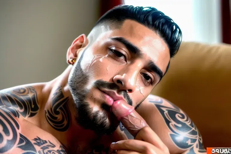 masterpiece realistic, best high quality, sucking cock, blowjob, fully nude Maluma (8K) on his knees with a huge penis in his mouth (very highly detailed face, high-resolution accurate eyes, very realistic handsome Colombian face (light stubble) accurate highly detailed textured skin (pores), accurate tattoos) ((on his knees masturbating while sucking dick)), penis ejaculating on his face (cum on face, eyes, cum dripping off chin, cum dripping off nose) looking up in perfect light covered in cum