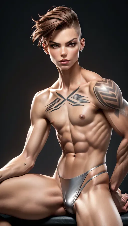 (tall athletic woman with muscular features), (androgynous face with angular features), nude, ((short butch brown hair)), tattoos, (((small breasts))), (topless, wearing silver thong), (<lora:reverse_upright_straddle:0.6>, sitting in the lap of a gentleman, his penis between her thighs, thighjob)
<lora:dpmg_add_detail:0.5>, ((masterpiece)), ((realistic)), <lora:dpmg_3d_rendering:0.5>