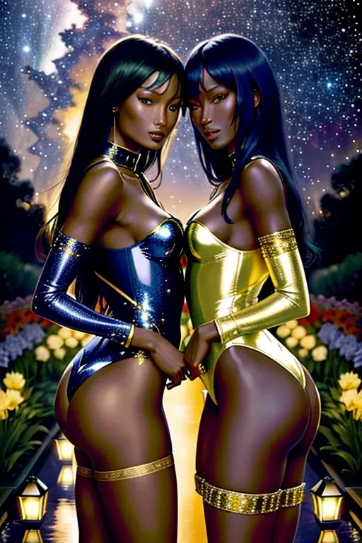 Colour picture of Kate Moss and Naomi Campbell in a flower garden at night, starry sky, lit by lanterns, elaborate blue and gold patterned leotards, beautiful faces, standing, fit, highly detailed, correct human anatomy, looking at viewer, front, closeup