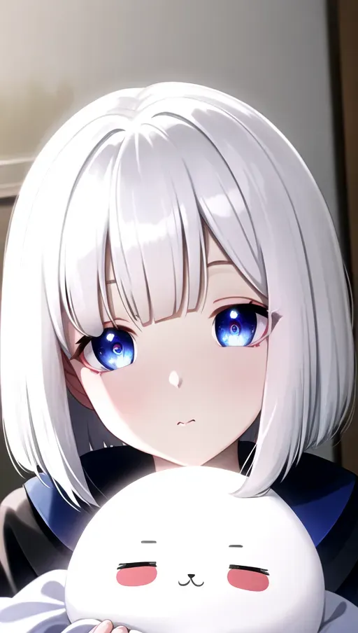 super resolution, bedroom, white hair, reverse bob, detailed hair, blue jaded eyes, rounded chin, <lora:dpmg_upshirt:1>