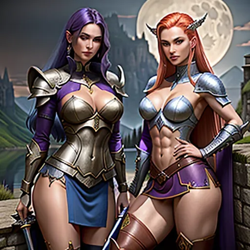 High fantasy like Dungeons and Dragons, two young women in purple and blue armour, blonde and red hair, skirt to knees, high leather boots, medium breasts, cleavage, toned and slim body, abs, slender arms and legs, small ass, midrif, narrow waist, sensual expression, sharp features, very beautiful face, detailed eyes, arched eyebrows, sexy pose, holding sword in one hand, looking at the viewer, sensual and selfassured smile,
castle on a cliff next to a lake in the background, forest, full moon, moon light,
two arms, two hands, five fingers, detailed fingers, two legs, two feet