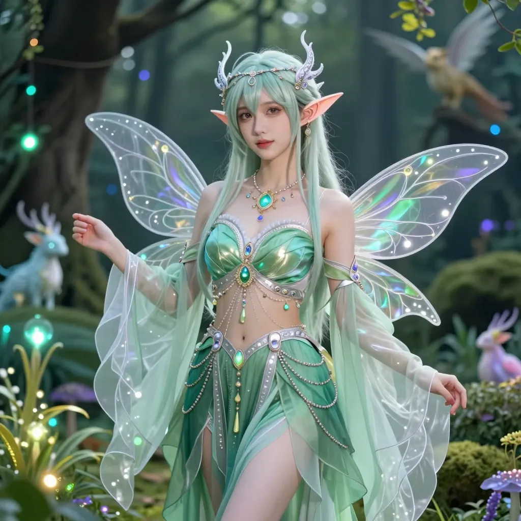 A female cosplayer portraying an
ethereal fairy or elf, wearing a
flowing dress made of delicate
fabrics in soft, mystical colors like
emerald green and silver. She has
pointed ears, a gentle, enchanting
expression, and her outfit is
adorned with sparkling jewels and
intricate patterns. The background
is a magical forest with glowing
plants, mystical creatures, and a
serene atmosphere.