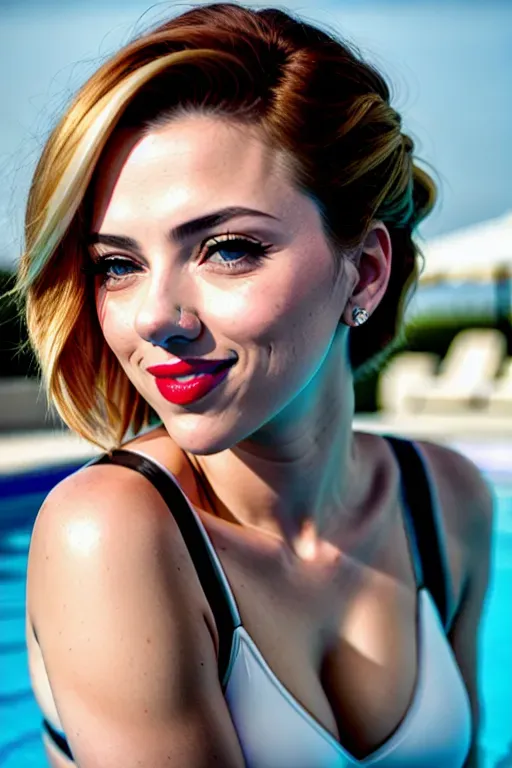 Professional photographer Fuji XF 35mm RAW format iso 100 f1.2 neutral density filter ultra high detail 16k resolution full color photograph of,scarlett johansson, horny smile, fuck me smile, lipstick, eyeliner, wearing a skin-tight cropped sheer see-through tank top, squatting on a swimming pool deck, natural breasts,showing vuvla, realistic pubic hair, horny,five fingers per hand, sexually aroused, fishtail hair,beautiful face,sensual lips, sexually excited, curved eyebrows,curved eyelid,smooth skin,wearing golden ring,bokeh,ultra realistic, natural outdoor lighting,