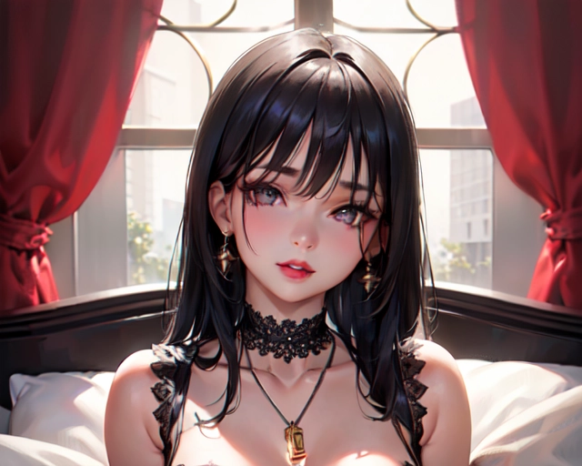 photorealistic, 8k, accurate face, (((detailed face))), (((replicate inspiration face))), full figure shot, shining eyes, female face, cute, 21 years old gorgeous, luxuriously long black hair, lipstick, bangs, small breasts, choker, necklace, pendant,
wearing tight black lace lingerie , in bed room,