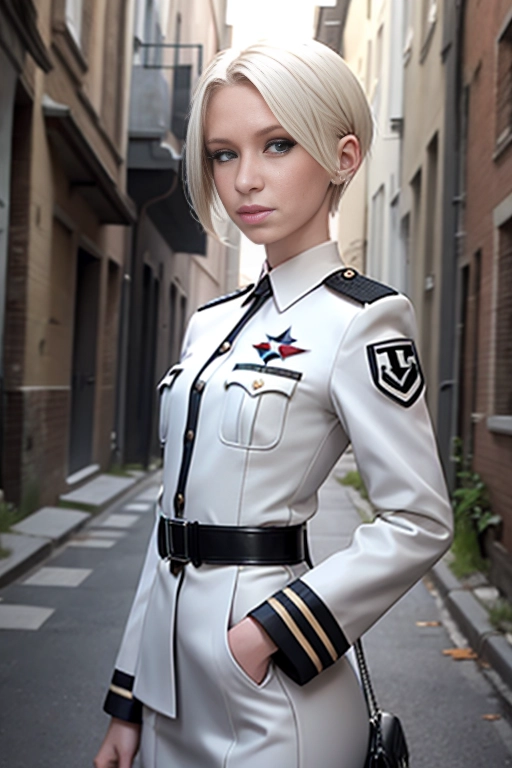 A medium close up photo of, Kacey Jordan, slender, skinny, flat chested, short platinum blonde hair, dressed as a Geman Nazi officer with, standing on a bombed out Street, looking at the camera