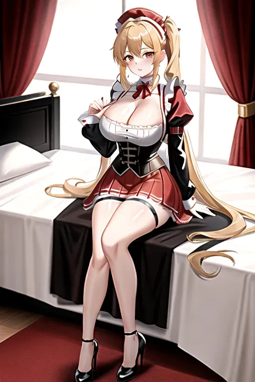 long blonde hair, brown eyes, pale skin, giant breasts, red maid uniform, showing cleavage, bedroom, pov, looking at viewer, miniskirt, black corset, high heels, overlooking city, 4k, 25 years old, full body photo, choker, low pigtails
