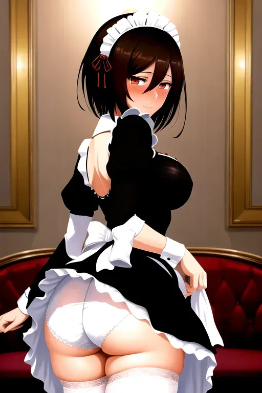 A digital painting of an embarrassed Mikasa wearing a french maid outfit. Her skirt is too short to cover her ass. The maid is in the foyer of a large mansion, blushing.