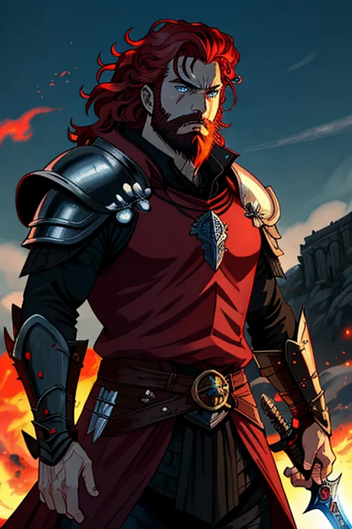 High fantasy, Berserk, a strong, warrior human, Guts, wavy red hair, pale skin, angry eyebrows, handsome blue eyes, small nose, strong cheeks, full beard, strong chin, animal skin coat, black leather armor, huge two-handed greatsword, going into battle, battle field, war in the background, castle and dragon in the far background, high definition, 4k quality, excellent lighting, great shading, pristine detail, very clear picture, vibrant colors, accurate at lower promp guidence, ultra realistic, five fingers per hand.
