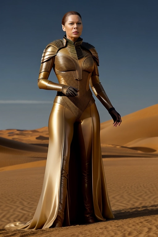 Rebecca Ferguson as Lady Jessica from Dune, accurate face, dressed as futuristic royalty, on Dune, giant sand dunes