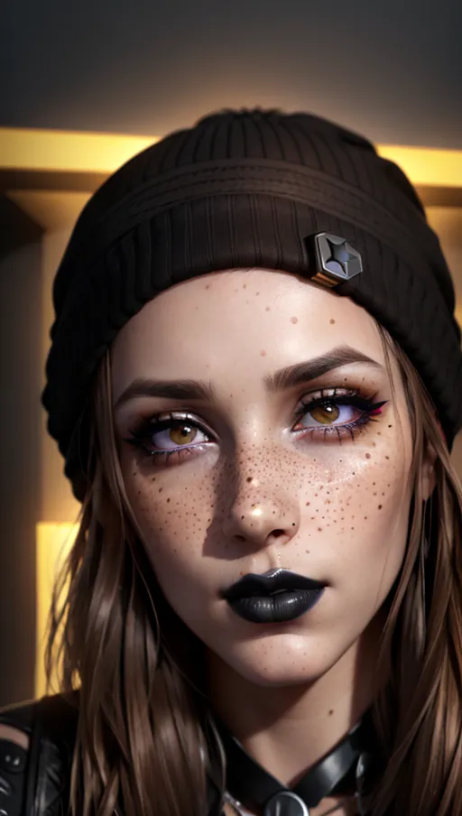 photorealistic, 8k, accurate face, detailed face, (((replicate inspiration face))), freckles, black lipstick, brown hair, black beanie,
