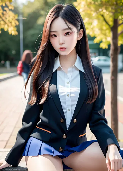 a highly detailed photo of, dpmg_asian_aesthetic_v1, pale skin, ((detailed hair features)),((detailed facial features)),((detailed body features)),a highly detailed photo of, best quality, ultra-hd, 8k resolution, 18 years old, light skin, beautiful face, perfect body, big rounded eyes, beautiful red lips, inocent face, highly detailed face, curved eyebrows, inocent face, correct anatomy, 8k, insanely beautiful, ultrarealistic, five fingers per hand, non nunde,((detailed arms features)),(textured skin),((beautiful lips)),((highly detailed)),((8k resolution photo shot)), schoolgirl uniform, tie, micro skirt, upskirt, sneakers, spreading legs, at the school, perfect body, small waist, full body, skinny body, morning, cinematic lighting, long shot, wide shot, full shot