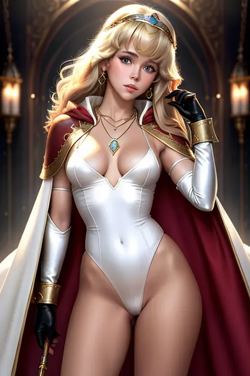 High Fantasy, Young Jane Fonda, necklace, ((showing pussy)), white leotard, beautiful face, shy, gloves, cloak, standing, fit, highly detailed, correct human anatomy, looking at viewer, front, closeup, small breasts