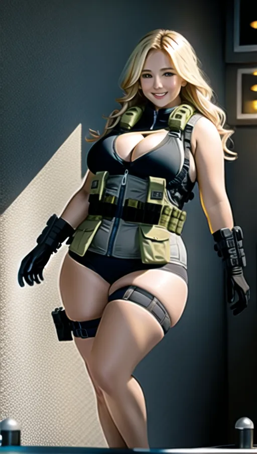Hot blonde, adult face, smiling, chubby, voluptuous, huge breasts, european, blonde hair, nude, tactical vest, wearing a tactical vest, cleavage, explosive vest (suicide bomber:1), sports bra, wide hips, thick thighs