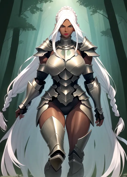 (masterpiece), absurdres, smooth, soft lines, soft edges, perfect edges, (soft lighting), (soft glow), perfect anatomy, detailed background, hair with great details, perfect eyes, perfect face, (looking at viewer), 1girl, forest background, full body view, ((older woman)),
((beautiful fully armored knight)), fully covered, flowing hair, lip gloss, full body view, lipstick, long eyelashes, serious, tall, ((cornrows hairstyle)),
(White hair), brown eyes, (((very dark skin))), ((flushed cheeks)), short hair, large woman, ((muscular arms)),