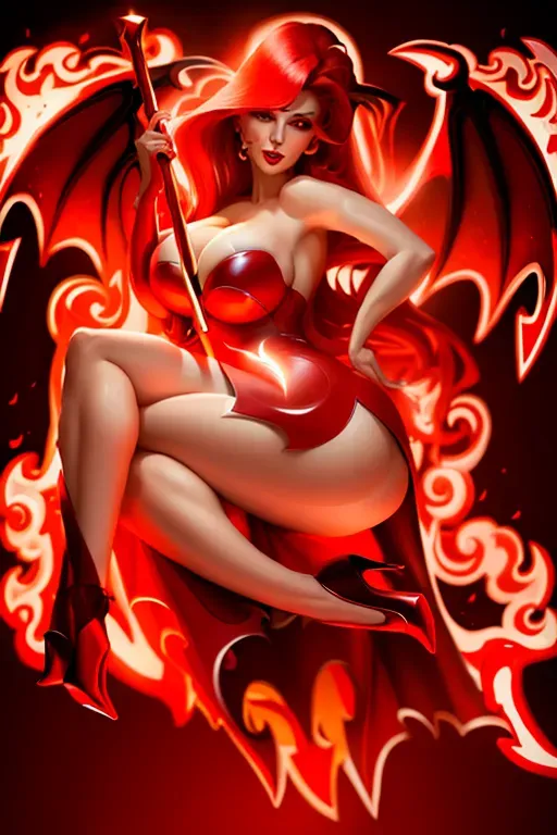 woman in red dress, devil wings, red high heels, fire, large breasts, sitting, hand resting on butt, sensual, seductive, glowing pitchfork between legs,