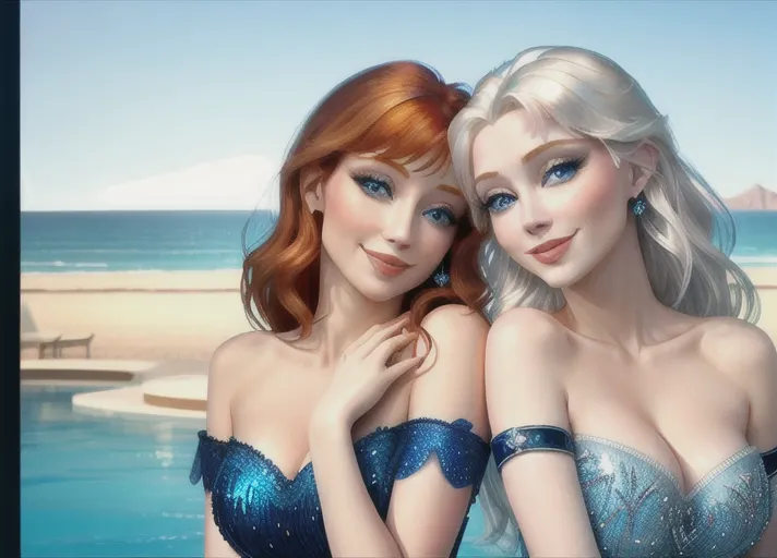 beautiful auburn haired Queen Anna in green and her platinum haired Sister, Elsa, in blue, with their beautiful sapphire eyes, visit Las Vegas. Their warm sweet smiles brightening every day.