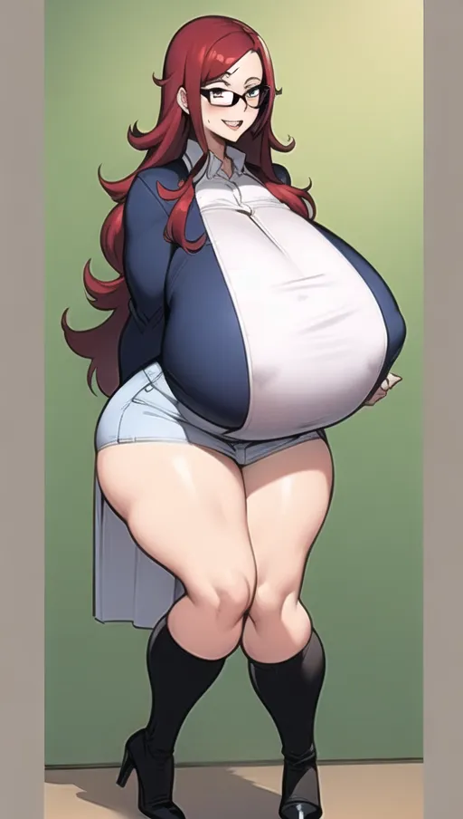 Dark red hair, sexy glasses,Sexy women,
sexy teacher, classroom background ,big boobs,pregnant gigantic belly,fat belly and fat boobs,weight gain, weight gain big belly, gigantic fat belly,fat belly ,huge pumped up belly, nylon Socks, black high heels boots, nude boobs, ((( a huge massive belly 2 times the size of the person))), ((before and after weight gain)) ,<lora:dpmg_pov_Big_fat_belly:1> ,