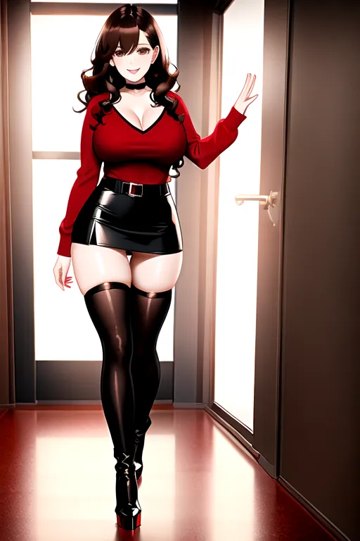thigh high socks, red top, black miniskirt, brown hair, choker, brown eyes, pale skin, giant breasts, boots, high heels, looking at viewer, walking across room, living room, 1girl, smiling, wavy hair, 8K, Full body photo