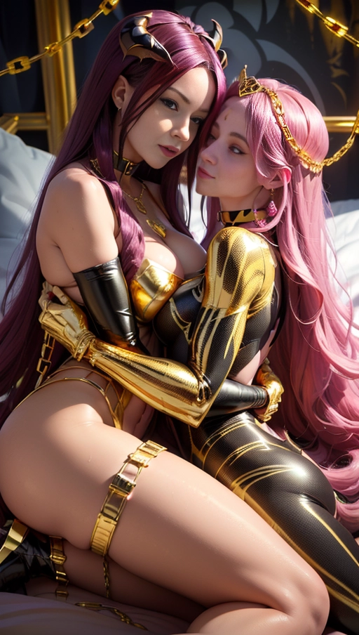 best quality, (((ultra high res))), (detailed face and eyes), (succubus), hearts, perfect face, necklace, (big choker), golden earrings, jewelry, tail, gloves, snake, ((gold)), (((big pink diamond diadem))), (big pink diamond crown), hourglass body, snake coiling, golden snake, ((handcuffs)), handcuffed, ((((chained)))), (tied up), chains, chain, (((((golden symbiote suit))))), (((( golden symbiote girl)))), (((golden succubus symbiote))), (((succubus wings))), (((big cameltoe))), ((((burgundy hair)))), ((((very long hair)))), ((((straight hair)))), dress, ((boots)), (((((2 girls cuddling in bed)))))