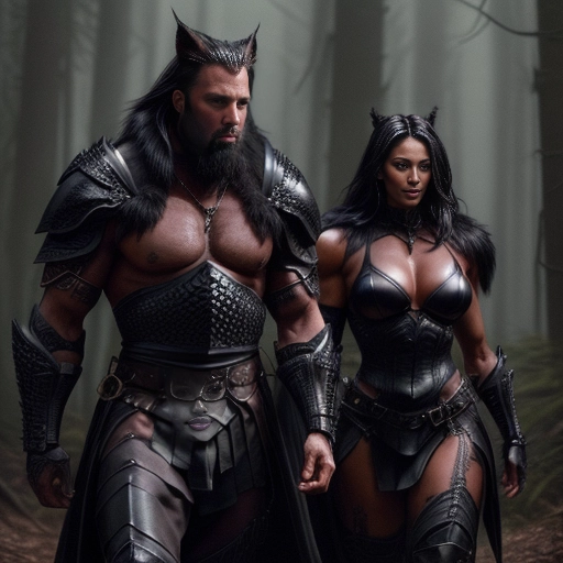 A high resolution color photograph of an extremely tall and muscular male model walking aggressively between two female fitness models in a dark forest at night
Male model is slender and has a bodybuilder physique
(((Male model is extremely tall)))
Male model has black dreadlocks
((Male model has a short well trimmed black beard))
(((Male model is dressed in black leather fantasy armor with black dragon leather breast plate and black wolf fur shoulder guards)))
((Female models are short))
Female models are fit with large natural breasts and round muscular asses
Female models have a slim waist and six pack abs
Female models have long black hair
(((Female models are wearing sexy black leather fantasy armor)))
All models have dark bronze skin
All models are looking at the camera
(Background is a dark misty forest at night)
<lora:dpmg_add_detail:1>
<lora:dpmg_werewolf:1>