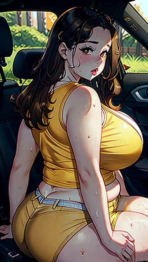 a photograph of, an ssbbw woman, brown eyes, short, sitting in backseat of car, smooth skin, pale skin, no makeup, bursting out of clothes, large forehead, small nose, cute, big eyes, plump lips, big mouth, thick lips, small breasts, natural small boobs, huge fat thighs, giant belly, huge love handles, belly hanging over waistband, giant juicy
gut, huge saggy belly, extra wide belly, big double belly, huge fat arms, spare tire, chubby, fat, obese, bbw, huge fat rolls, fat pussy, thicc, giant fat ass, huge fat butt, huge wide hips, light brown hair, straight hair, long hair, curved eyebrows, pale skin, sharp focus, editorial, detailed, artstation, yellow tanktop, yellow shirt, tight clothes, denim shorts, booty shorts, greasy, wet hair, sweaty, dripping sweat, drooling, smelly, dirty, filthy, nasty, feedism, weight gain