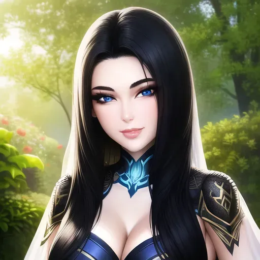 a closeup digital picture,a beautiful 18 year old girl, at the garden,silky black hair,smiling, looking at the camera,beautiful lips,blue eyes,curved eyebrows,pale skin,satisfaction,highly detailed,artstation,surreal,ultra realistic,smooth