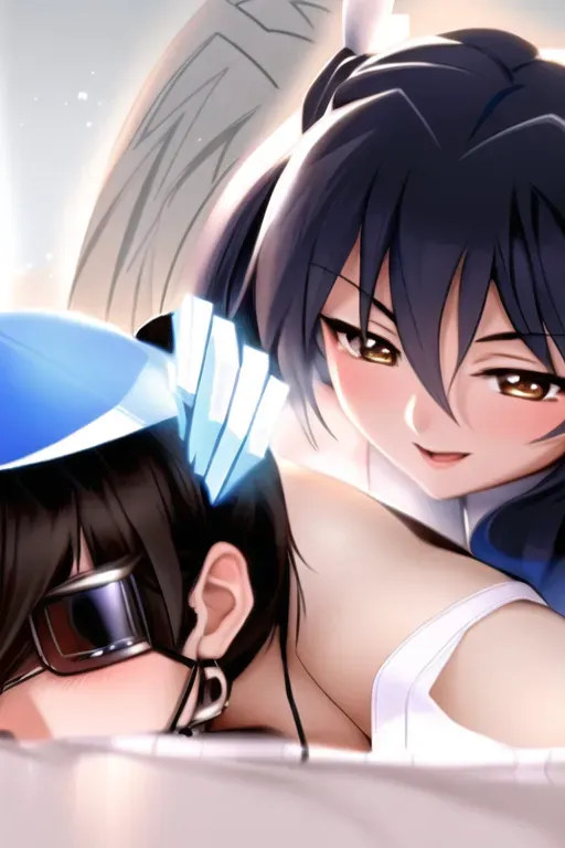 a illustration of ryomou shimei getting fucked by ryofu housen from behind on a bed, ponytail hair ,beautiful face,beautiful lips,brown eyes,curved eyebrows,smooth skin,pixiv,editorial,smooth,professional,cgsociety