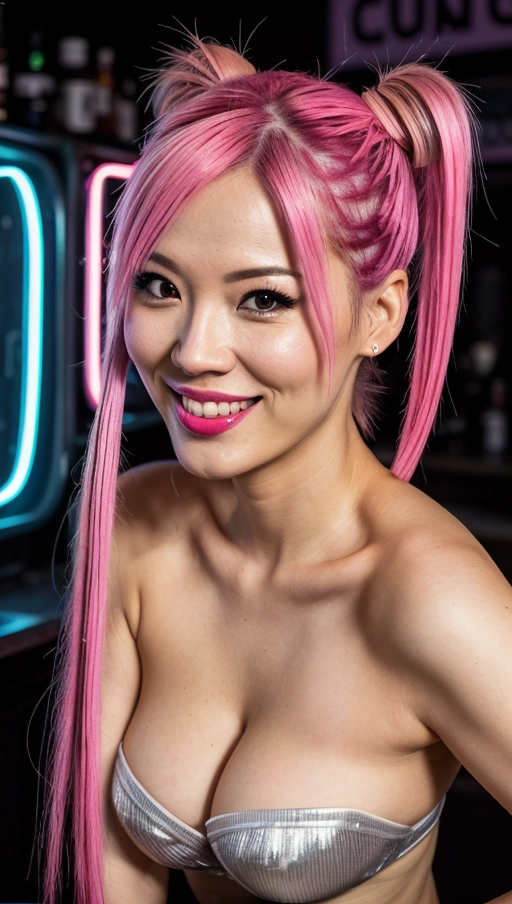 location - neon-lit bar, Tokyo,
age - 25,
nationality - Japanese,
type of woman - playful and teasing cosplay enthusiast,
weather - indoor, vibrant neon lighting,
type of head - cocked slightly to one side, playful look,
type of eyes - looking over the shoulder, sparkly,
(type of Nose) - cute and upturned,
type of Lips - bitten lightly, inviting a playful mood,
type of hairstyle - pigtails, bouncing with movement,
type of hair color - bright pink with purple tips,
type of emotional expression - flirtatious and teasing,
type of nice teeth - shown in a teasing smile,
(high resolution photo),
type of camera - Mirrorless Camera,
type of camera settings - aperture f-1.4, ISO 200, shutter speed 1-125s,
camera angle - frontal, but model looks over her shoulder,
type of close up - upper body,
fully naked,
<lora:gift_in_box:1>