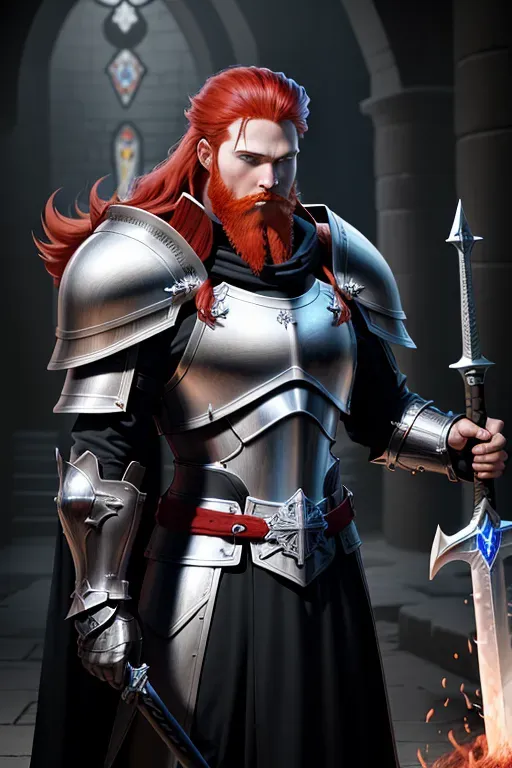Fantasy knight with a greatsword, red hair, full red beard, blue eyes, strong chin, black tunic, silver armor, flaming enchanted greatsword, large red and silver shield, holy cross crest, standing regal, high definition, 4k quality, cinematic lighting, great shading, excellent detail, five fingers per hand.