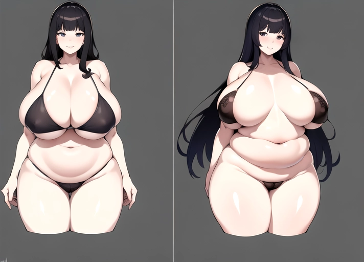 split screen, one woman pictured twice, she is 100 lbs pictured on the left and shown gaining weight becoming a bbw, thin young woman pictured multiple times gaining 100 pounds each time, weight gain sequence, (skinny woman becomes a bbw), before vs after,