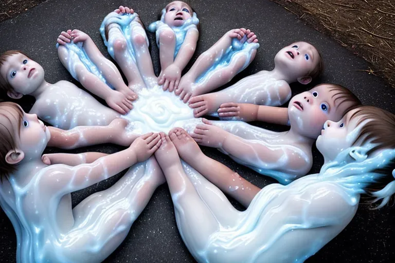 A group of children without limbs, with white liquid flowing from their bodies