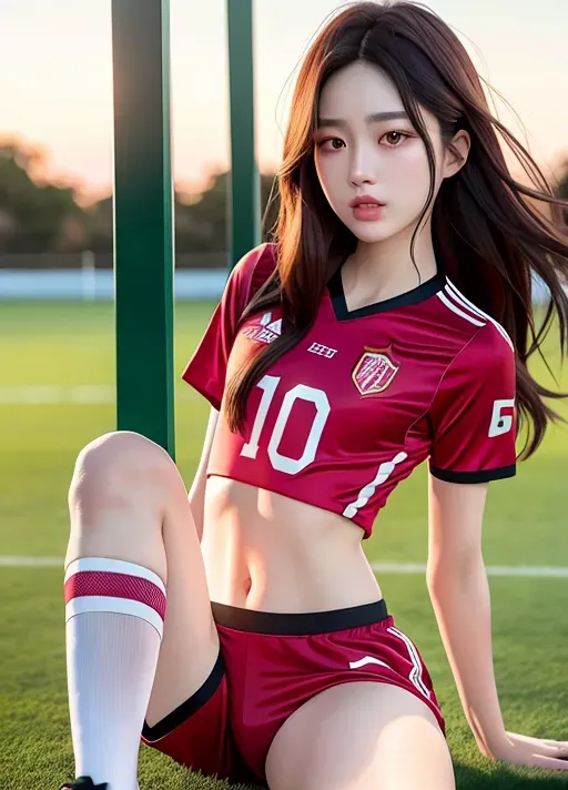 a highly detailed photo of, dpmg_asian_aesthetic_v1, pale skin, ((detailed hair features)),((detailed facial features)),((detailed body features)),a highly detailed photo of, best quality, ultra-hd, 8k resolution, 18 years old, light skin, beautiful face, perfect body, big rounded eyes, beautiful red lips, inocent face, highly detailed face, curved eyebrows, inocent face, correct anatomy, 8k, insanely beautiful, ultrarealistic, five fingers per hand, non nunde,((detailed arms features)),(textured skin),((beautiful lips)),((highly detailed)),((8k resolution photo shot)), perfect body, small waist, full body, skinny body, cinematic lighting, long shot, wide shot, full shot, wearing a lace stocking, lace panties, wearing soccer shirt, wearing soccer shoes, wearing long sock, at a soccer field, sexy pose, spreading legs, open legs, sitting over a soccer ball, sunset