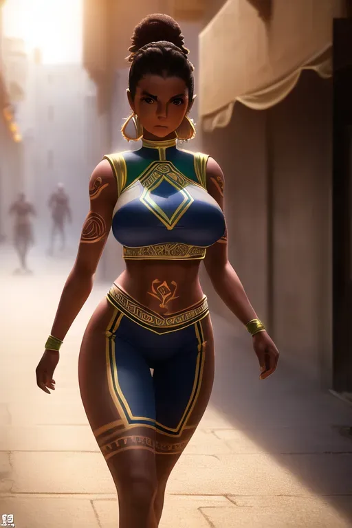 Football girl Morocco, walking, brown skin, perfect breast, detailed face, tattoos, shadow effect, spotlight, city alley in the background, background blur, hyperrealistic, photografic, 8k, epic ambient light, octane render