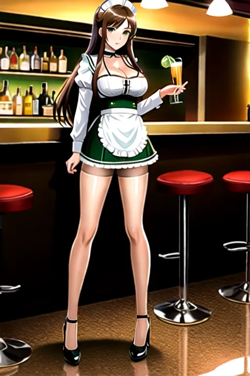 brown hair, green eyes, giant breasts, white maid uniform, miniskirt, choker, long hair, high heels, in bar, slim body, looking at viewer, 1 girl, cleavage, 4k, serving drink