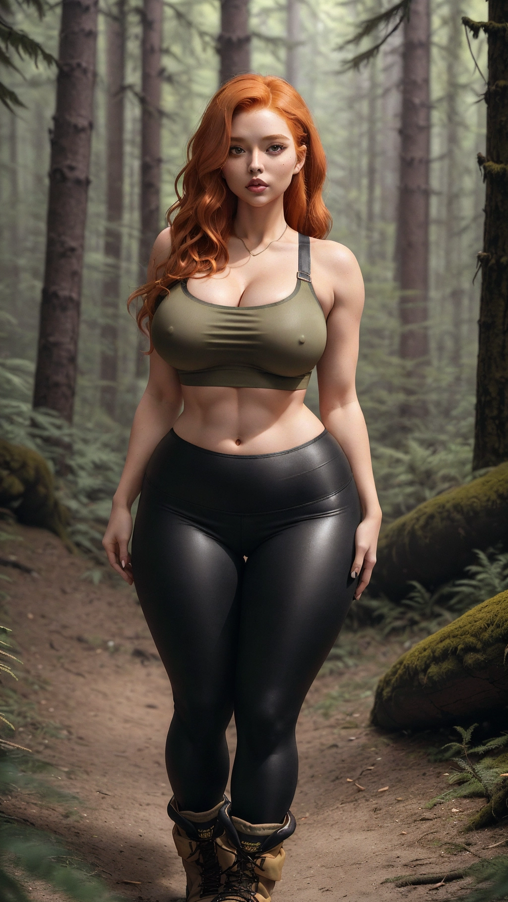 Sage is a young woman with striking, wavy ginger hair that falls just above her waistline. Her presence is commanding and her style is trendy, preferring revealing outfits that show off her curves. She has a medium-sized bust, and her nipples always perk through her tops. She is wearing a khaki-colored crop top, which shows off her toned midriff and toned stomach. She has on a pair of black leggings that hug her curves perfectly, contouring to her hips and thighs. On her feet wearing hiking boots that are designed to handle any rough terrain they might encounter in the forest. Eyeliner, mascara, hazel colored eyes