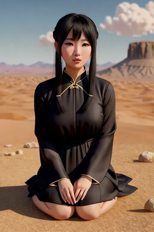 a color pencil draw of,yuzuki eba,wearing ao dai,sitting on bent knees,in the desert,amazing breasts,five slender fingers,wavy curtain bang,charming face,beautiful lips,black eyes,curved eyebrows,curved eyelid,cosy,tattoo,sharp focus,surreal,cinematic lighting,unreal engine,highly detailed