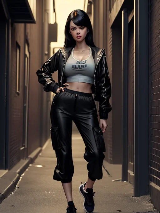 realistic HD photograph ((wide shot)), ((Jane Levy))(((accurate face))),(((as a HOOKER)))(((IN A DARK ALLEY))),(((sweating)))(((wearing cropped track jacket)))(((wearing baggy pants)))(((wearing running shoes)))((EVIL facial expression)), ((very sexy pose)),(((perky breasts))),(((dancing pose)))(((twerking)))(((slender athletic body))), (((Long sleek hair))) ((blunt hairstyle)) (((sleek blunt bangs hairstyle)))(((jet black hair))), five slender fingers, beautiful face, beautiful lips,detailed large eyes,curved eyebrows,cgsociety,cinematic lighting,studio lighting,professional,editorial,