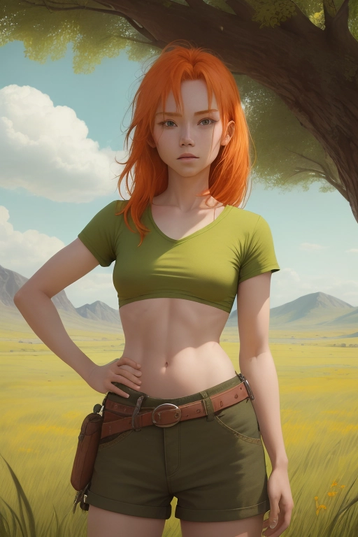 a female adventurer, expansive grass lands, orange hair, light green shirt, fair skin, shirt is open and her small tits are visible, no bra