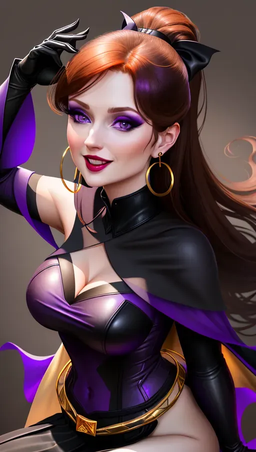 low angle, medium shot,
beautiful, Sweet innocent beautiful, good girl, goth makeup, Anna of Arendelle, age 30 long red-Auburn hair in a big ponytail, sweet smile, large round natural blue eyes, Nordic, black leather clothing with dark purple highlight, bare naked open exposed shoulders, gold hoop earrings, dark purple collar, long dark purple gloves, dark purple halter-Corsette, dark purple pleated micro-mini-skirt, dark purple thigh-high boots, long pointed canine teeth, bare mid-riff, long
floor-length black hooded cape,