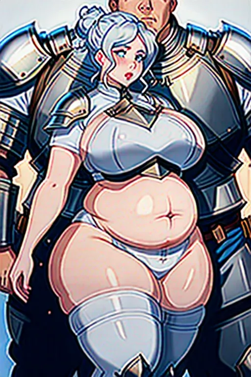 a photo shot of, an ssbbw girl, beer belly, mom bod, huge mom bod, fat mom bod, bloated, fat gut, huge gut, stuffed gut, swollen gut, huge stomach, giant beer belly, blushing, stuffed belly, chubby cheeks, thick neck, fattest girl, huge breasts, large belly, huge belly, fat belly, fat rolls, giant belly, double chin, chubby, huge thighs, fat thighs, giant thighs, massive thighs, thicc thighs, muffintop, huge muffintop, fat muffintop, spare tire, thicc, five fingers per hand, messy hair, white hair, curly hair, messy bun hairstyle, wide hips, weight gain, feederism, freckles, blue eyes, pale skin, mean face, smooth, pixiv, highly detailed, surreal, sharp focus, full body, fat arms, huge arms, extra large hips, extra large waist, tight clothes, wearing full plate armor, realistic metal armor, silver armor, medieval armor, knight armor, silver pauldron armor, metal panties, metal greaves, armor skirt