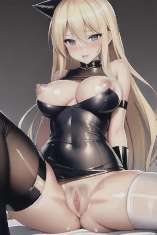 sexy blonde girl, medium pointy breasts, large puffy nipples, long nipples, eraser nipples, shaved pussy, thigh high socks, pussy dripping wet, embarrassed facial expression, blushing, perfectly drawn face