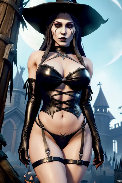 Witch, Halloween, huge natural breasts, slender waist, emaciated, bdsm, dpmg_runny_makeup_v1, sex slave