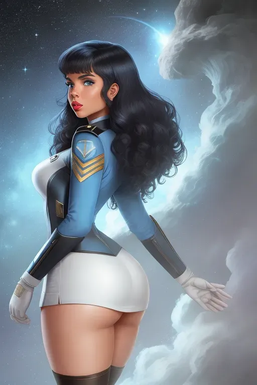 Star trek the original series, vulcan female, science officer, lieutenant, medium wavy hair, blue eyes, red lips, brown skin, blue hip length uniform, average waist, thick butt, curvy thighs, pussy.