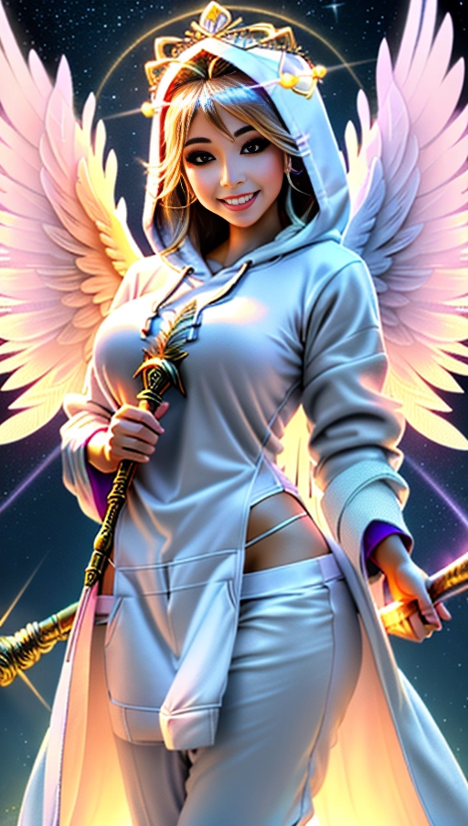 a 64k high detailed photo of Female Goddess, ((In clothing Robes))), (((In Hoodie))), HDR, Professional, Highly Detailed, ((In pants))) ((In Shirt)) ((Has Attire)) Godly Ultra Detailed Best Quality Most Detailed ((Angel Wings)) Angelic Lighting Love Hope Magic casting Smiling happy Glory Warrior Angels Angelics Positivity Happiness ecstasy enraptured sweaty saving God Royalty Morality Goodness True Good Power Force Authority Ethical Saviour Halo Always and Forever Sentimental in heat hot ultra hot best best lighting tantric Neutral Brilliant Logical Compassionate Perfect Perfection Exciting Integrity Winged Courage Purity Harmony Beauty mark on upper lip ((Female)) Ethereal Lighting Celestial Lighting (((With Clothes))) ((With God Item)) ((God Tech)) (God Technology) with items of power God Wings (Afterlife Light) ((Perfect Body)) ((Perfect Anatomy)) (Love Worship) (God Light) ((God Staff))) ((God Weapon)) (Spirituality) (Smiling) ((Happy expression)) (Angelic Glow) ((((Has Clothing On))) accessories