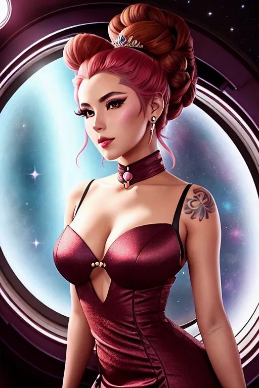 a color pencil draw of,inori yuzuriha,wearing empress dress,leaning against the wall,in the space station,five slender fingers,updo hair,gorgeous face,beautiful lips,brown eyes,curved eyebrows,textured skin,cosy,tattoo,smooth,studio lighting,editorial,surreal,ultra realistic