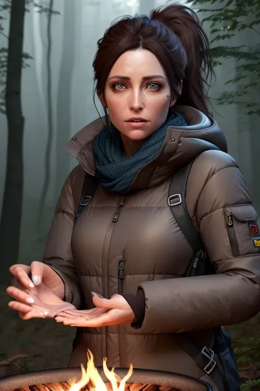 a concept photo of ill woman, dirty brown hair, at night, thin, tired,dark blue eyes,big winter jacket, scarf, leggings, backpack, hiking boots, dirty face, scared, in a forest at night, fog, smoke, campfire, five fingers per hand, a messy loose ponytail, realistic eyes, small pupils, curved eyebrows, textured skin,cgsociety,8k, unreal engine, highly detailed,artstation, deviantart, cinematic, sharp image, centered, medium close up, 8k, volumetric lighting, entire body in frame,hyper-realistic