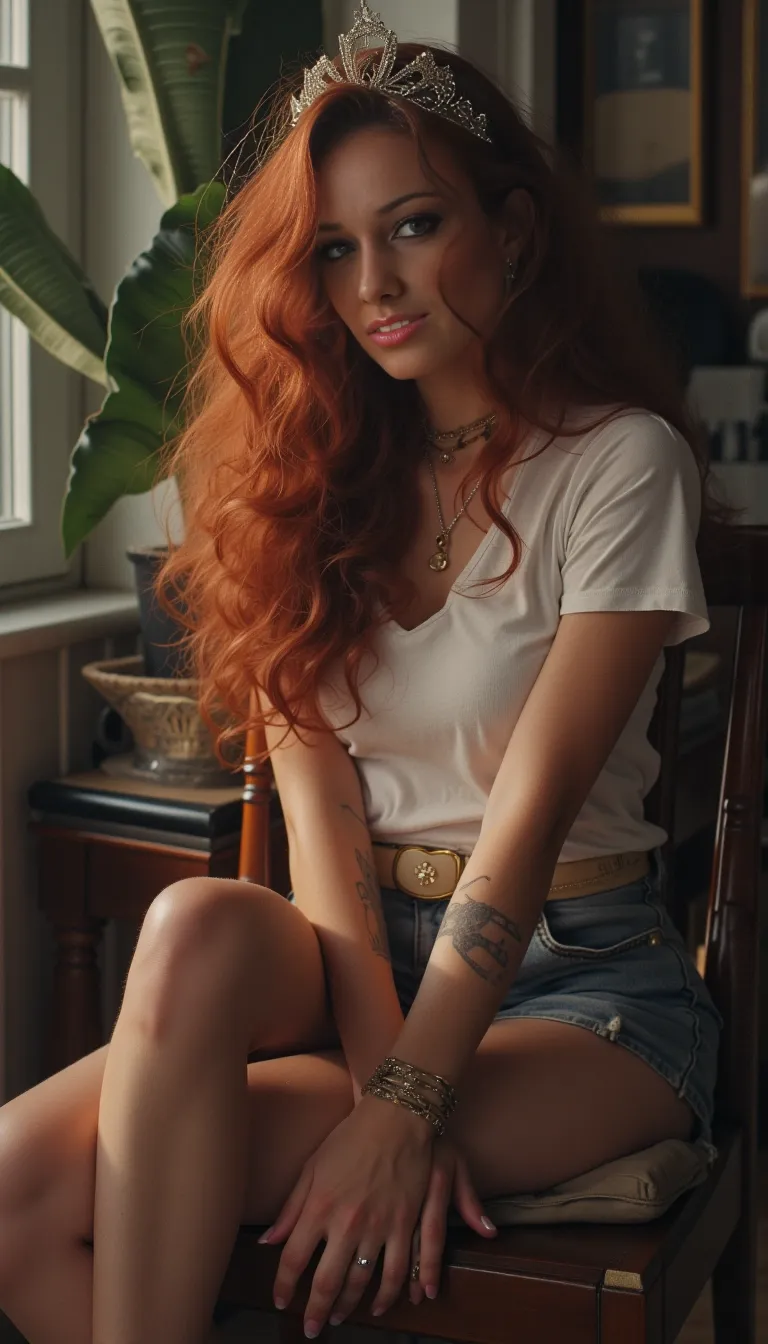 sitting on a chair, crossing legs, ((full body profile view)), a very tall, athletic, gorgeous fit young teen supermodel with long dark red beautiful curly shiny hair, wearing denim shorts, cropped white t shirt, tiara, beige stilettos, belt, very long legs, (huge breasts), earrings, bracelets, pendant, (makeup), muscles, visible toes, pink nails, eyelashes, toned, stunning physique, shiny oiled glistening skin, pink lipstick, wide hips, pageant ambience, catwalk, smiling