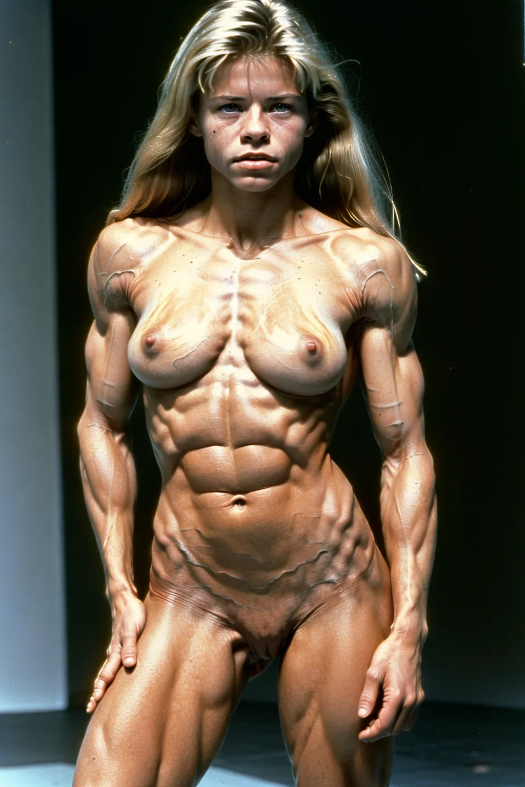 A very fit 18 year old fully naked Linda Hamilton, pleasure look on her face, flexing her abs, very low body fat, extremely lean body, perfect body, showing her vagina, standing on the set of a Terminator movie in 1991, fully nude, spreading her legs, perfectly shaped breast, blonde hair, spreading her legs wide open, perfect tan