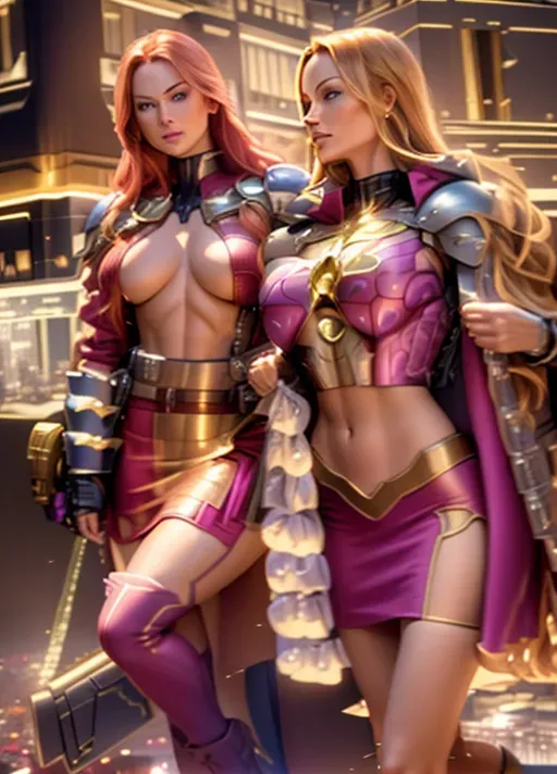 superhero, 2girls, two beautiful women posing together, first woman has long red hair in ponytail (Dina Meyer) and second woman has short blonde hair (olivia Wilde),
sexy and tight body suites in a mix of pink and purple, sensual tops showing lot of clevage, short skirt, cape and sexy gloves, short boots with high heels, superhero face mask, bracelets on arms and legs, perfectly toned and slender body, abs, small breasts with erect nipples, pussy camel toe, very pretty face, Highly detailed Eyes, arched eyebrows, senusal expression, looking at the viewer,
perfect composition, hyperrealistic, photorealistic, pretty face, full body view, Highly detailed, bright lighting, perfect composition, hyperrealistic, super detailed, high quality, sharp focus, intricate detail, extremely detailed, 3d, render, 8k, UHD, HDR, Masterpiece, best quality
metropol city setting at night, dramatic sky lit up by ligthning, superheros posing together on top of sky scraper, view from side
two legs, two feet, remove extra foot